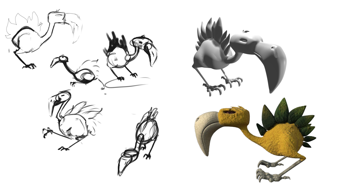 Représentation du procédé de création d'un animal: dessin des concepts, modélisation, texturing final.